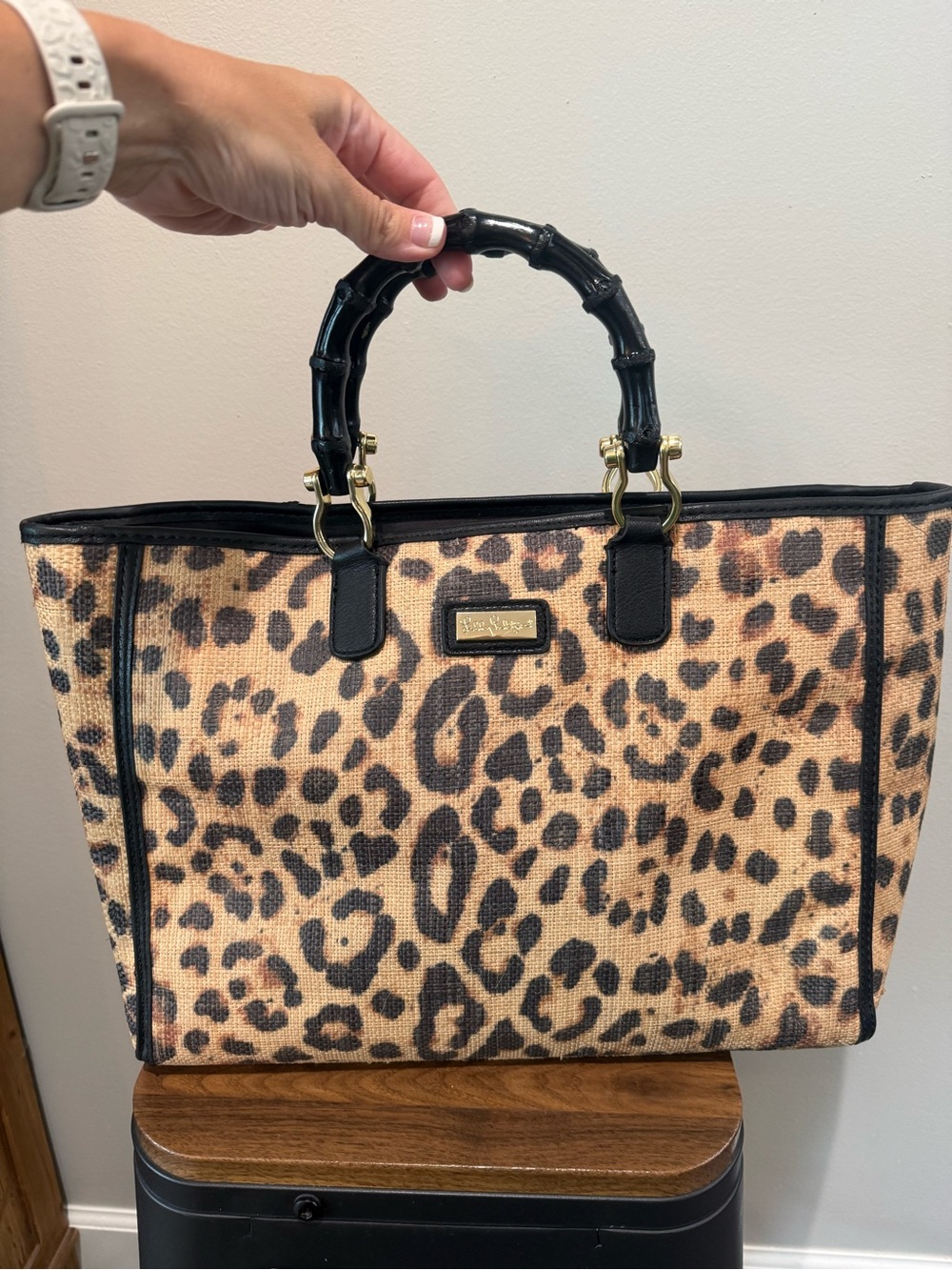 Lilly Pulitzer Greydon Leopard Print Rattan Woven Straw Tote Bag bamboo handles